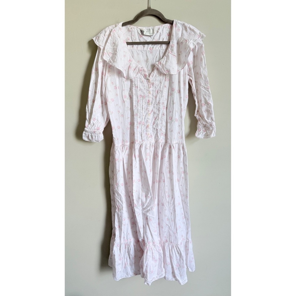 Eileen West Vintage Floral Nightgown Cotton Long Sleeve Pink White Large USA